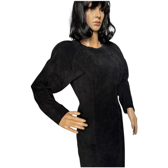 Vintage 80's Cedars Black Suede Batwing Sleeve round neck Midi Dress small - Picture 5 of 16